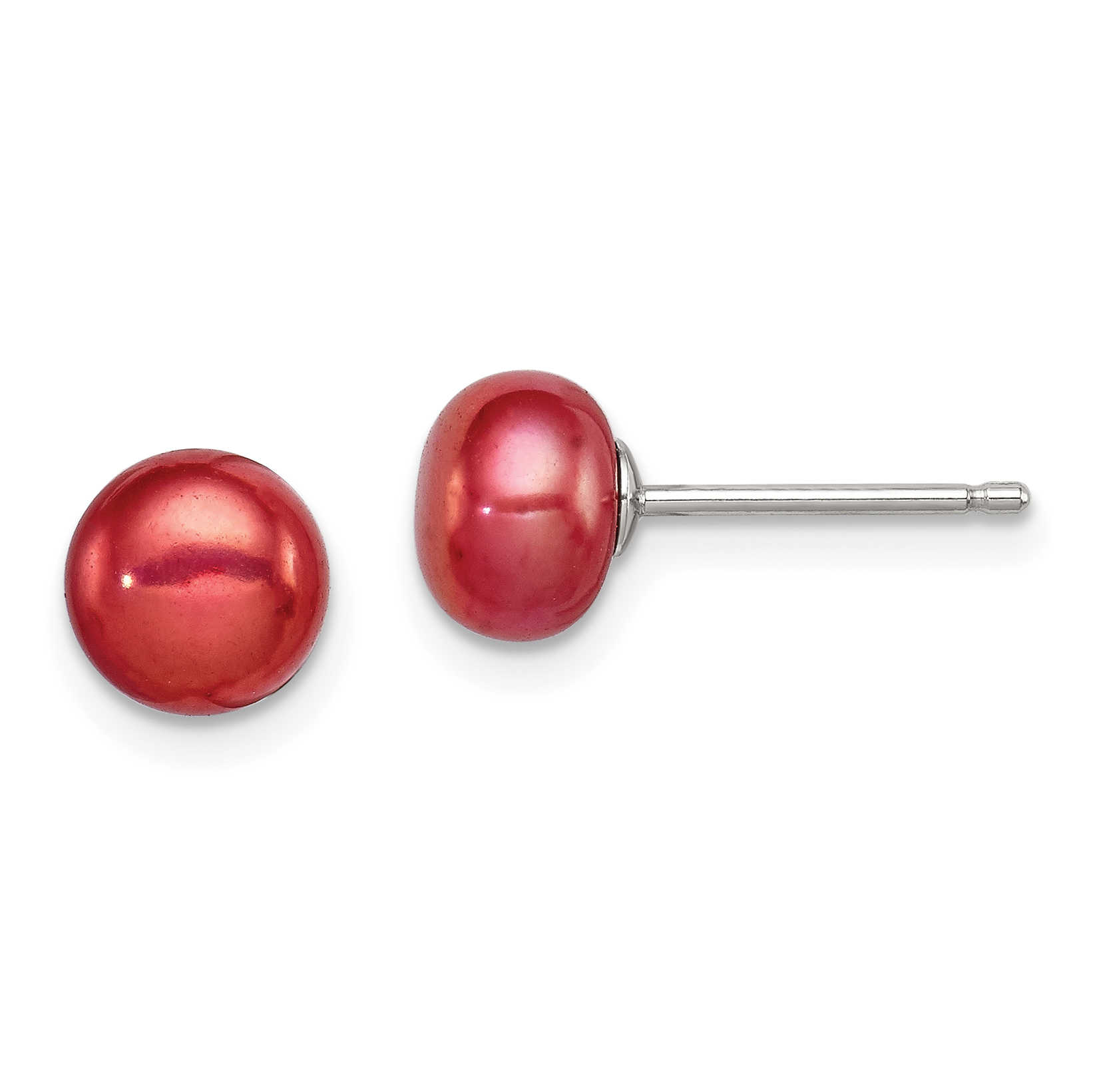 Sterling Silver Rhod-pltd Red 6-7mm Button FWC Pearl Post Earrings (QE7798)