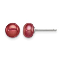 Sterling Silver Rhod-pltd Red 6-7mm Button Fwc Pearl Post Earrings view 1