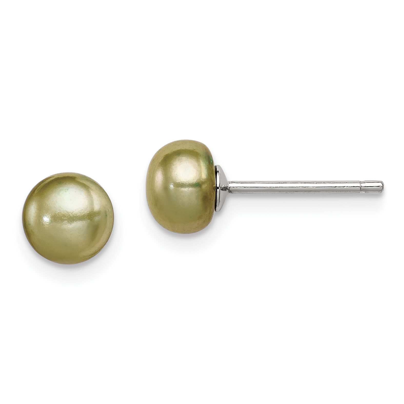 Sterling Silver Rhod-pltd Green 6-7mm Button FWC Pearl Post Earrings (QE7801)