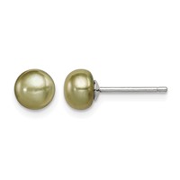 Sterling Silver Rhod-pltd Green 6-7mm Button Fwc Pearl Post Earrings view 1