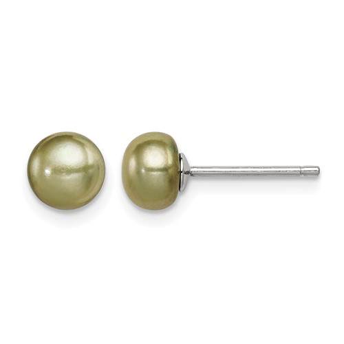 Sterling Silver Rhod-pltd Green 6-7mm Button Fwc Pearl Post Earrings