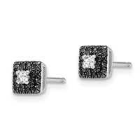 White Night Sterling Silver Rhodium-plated Black and White Diamond Square Stud Post Earrings view 2