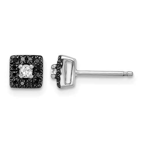 White Night Sterling Silver Rhodium-plated Black and White Diamond Square Stud Post Earrings