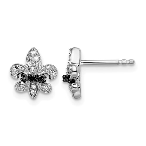 White Night Sterling Silver Rhodium-plated Black and White Diamond Fleur De Lis Post Earrings