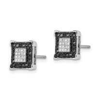 White Night Sterling Silver Rhodium-plated Black and White Diamond Square Post Earrings view 2