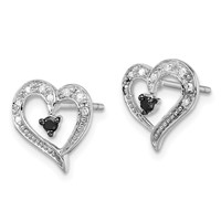 White Night Sterling Silver Rhodium-plated Black and White Diamond Heart Post Earrings view 2