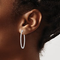 Sterling Shimmer Sterling Silver Rhodium-plated 88 Stone 1.7mm CZ in and Out Oval Hinged Hoop Earrings view 3