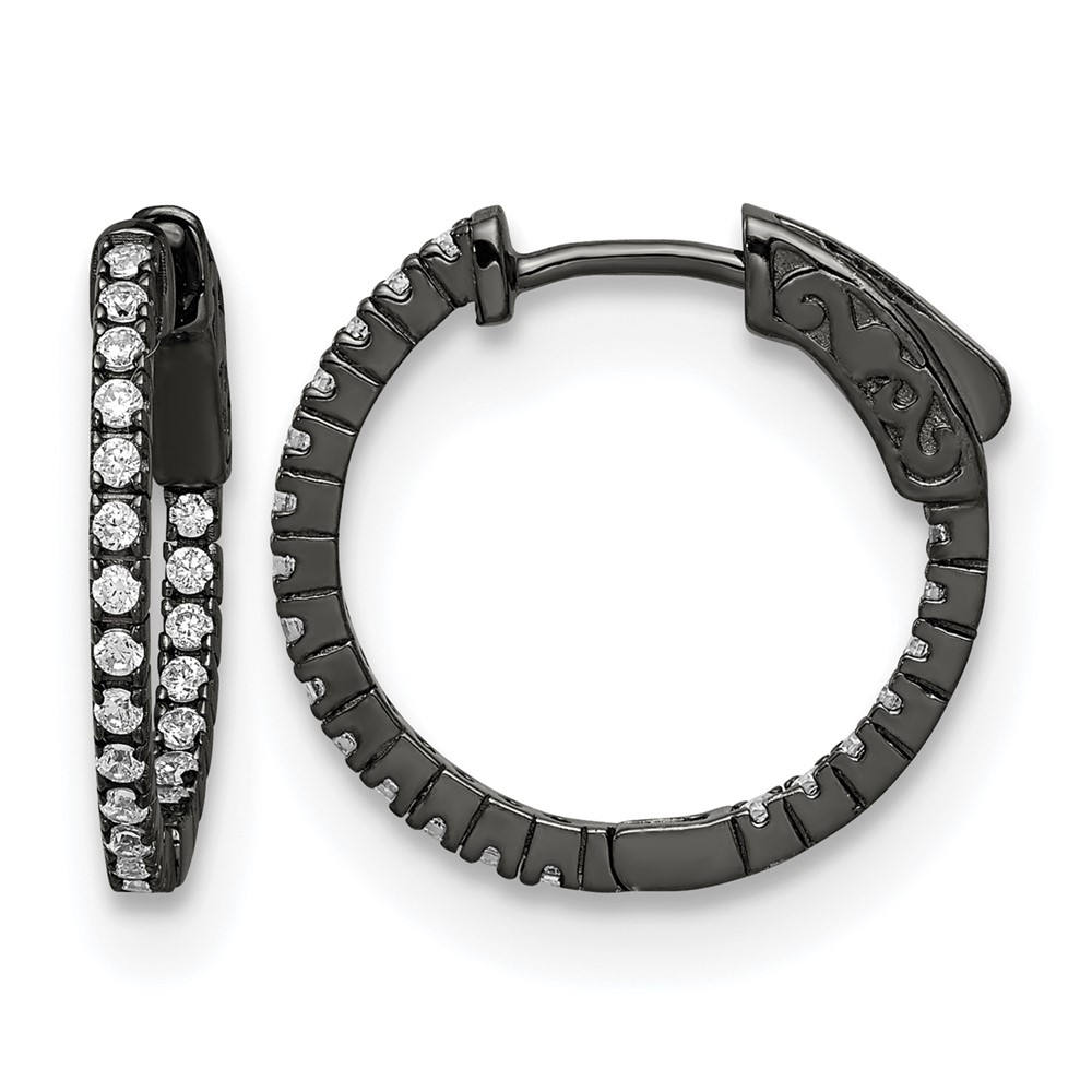 Sterling Shimmer Black Rhodium-plated 42 Stone 1.3mm CZ in and Out Round Hinged Hoop Earrings