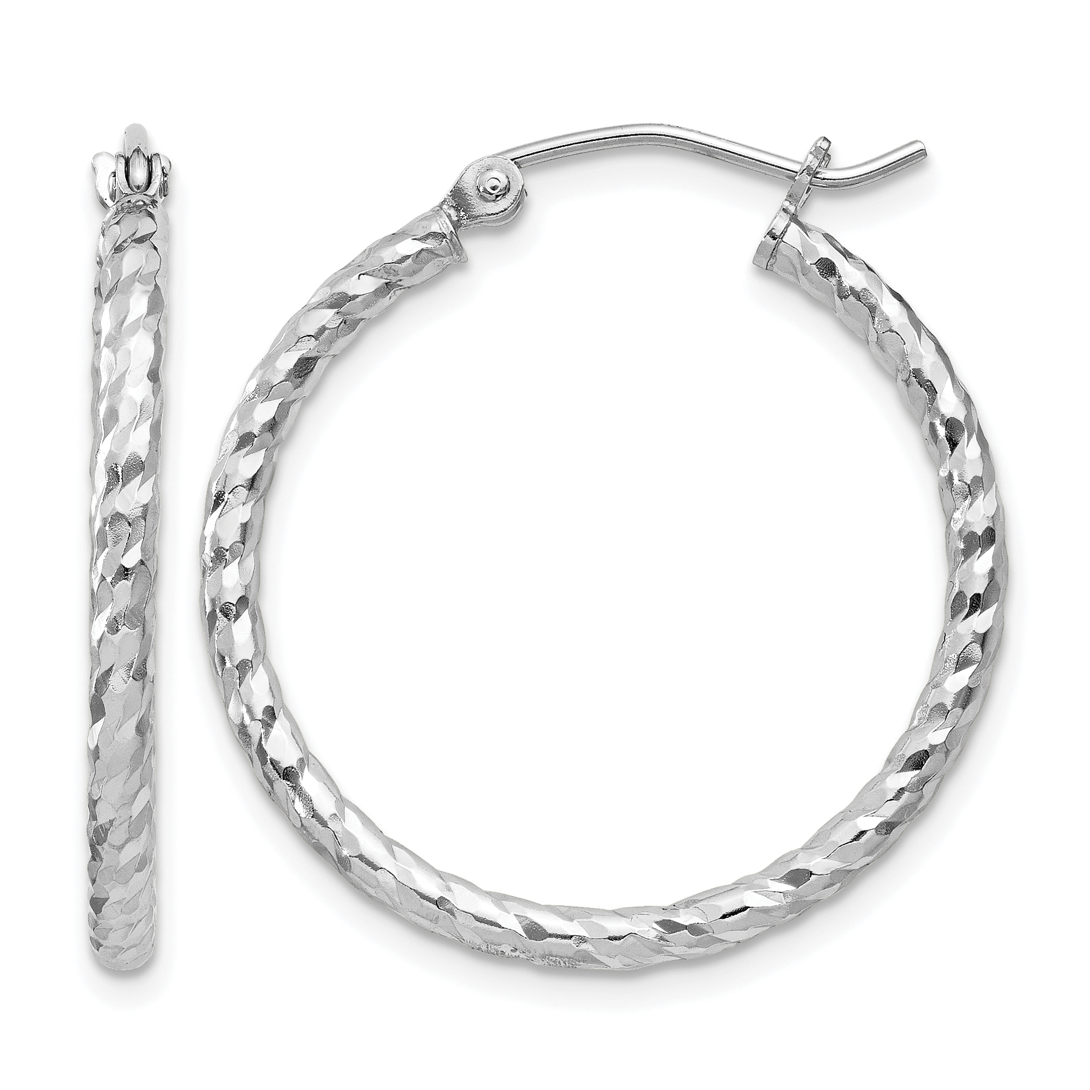 Sterling Silver Rhodium Plated Diamond-cut 2x25mm Hoop Earrings (QE8076)
