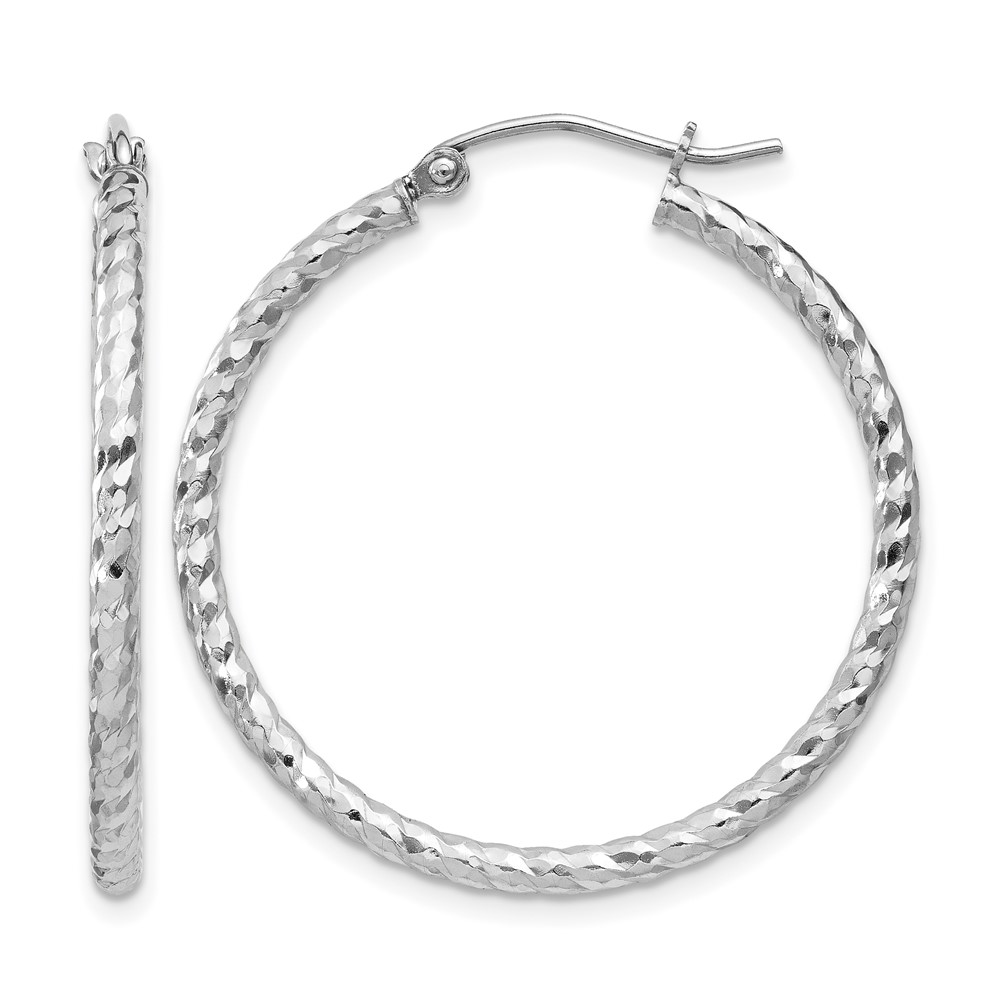 Sterling Silver Rhodium Plated Diamond-cut 2x30mm Hoop Earrings (QE8077)
