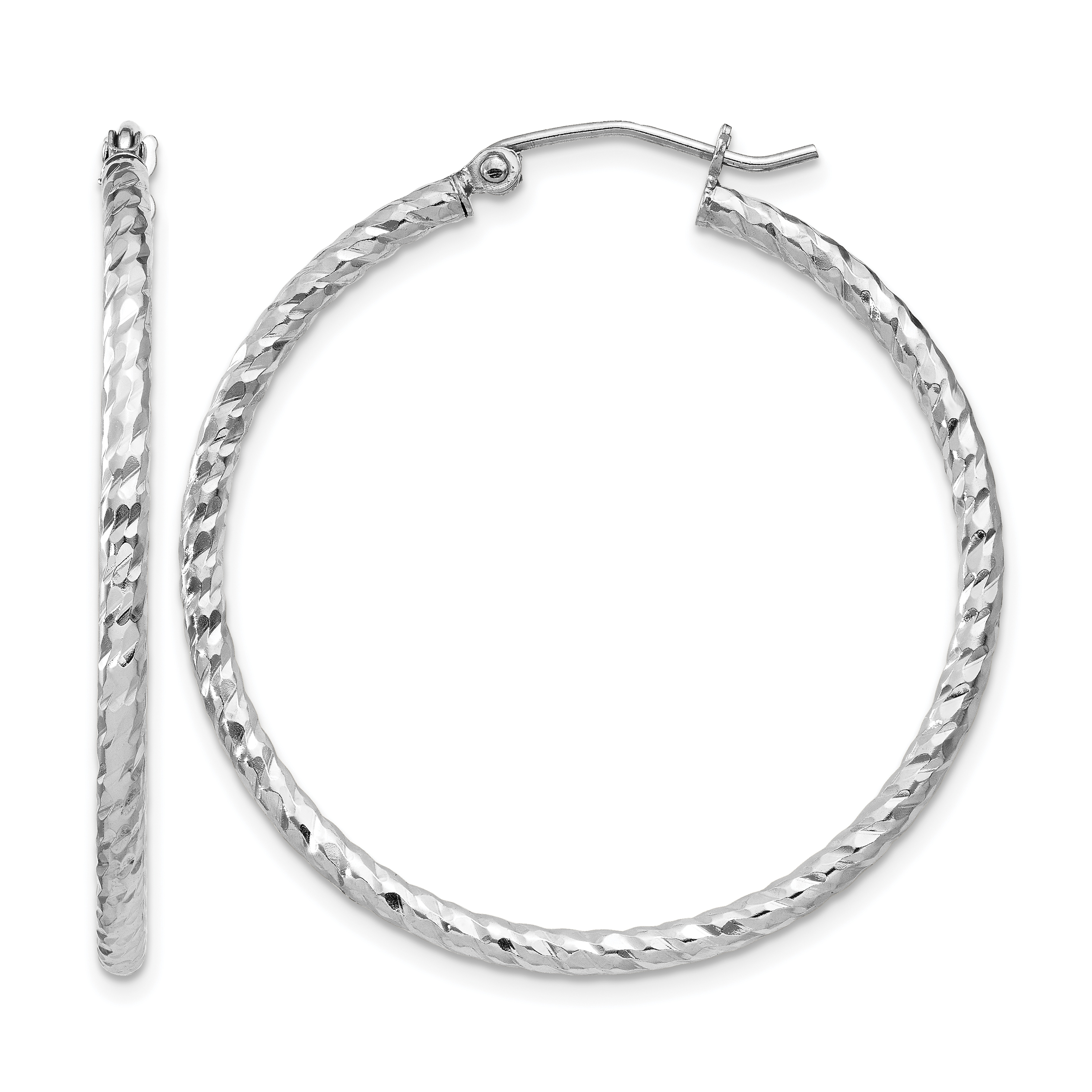 Sterling Silver Rhodium Plated Diamond-cut 2x35mm Hoop Earrings (QE8078)
