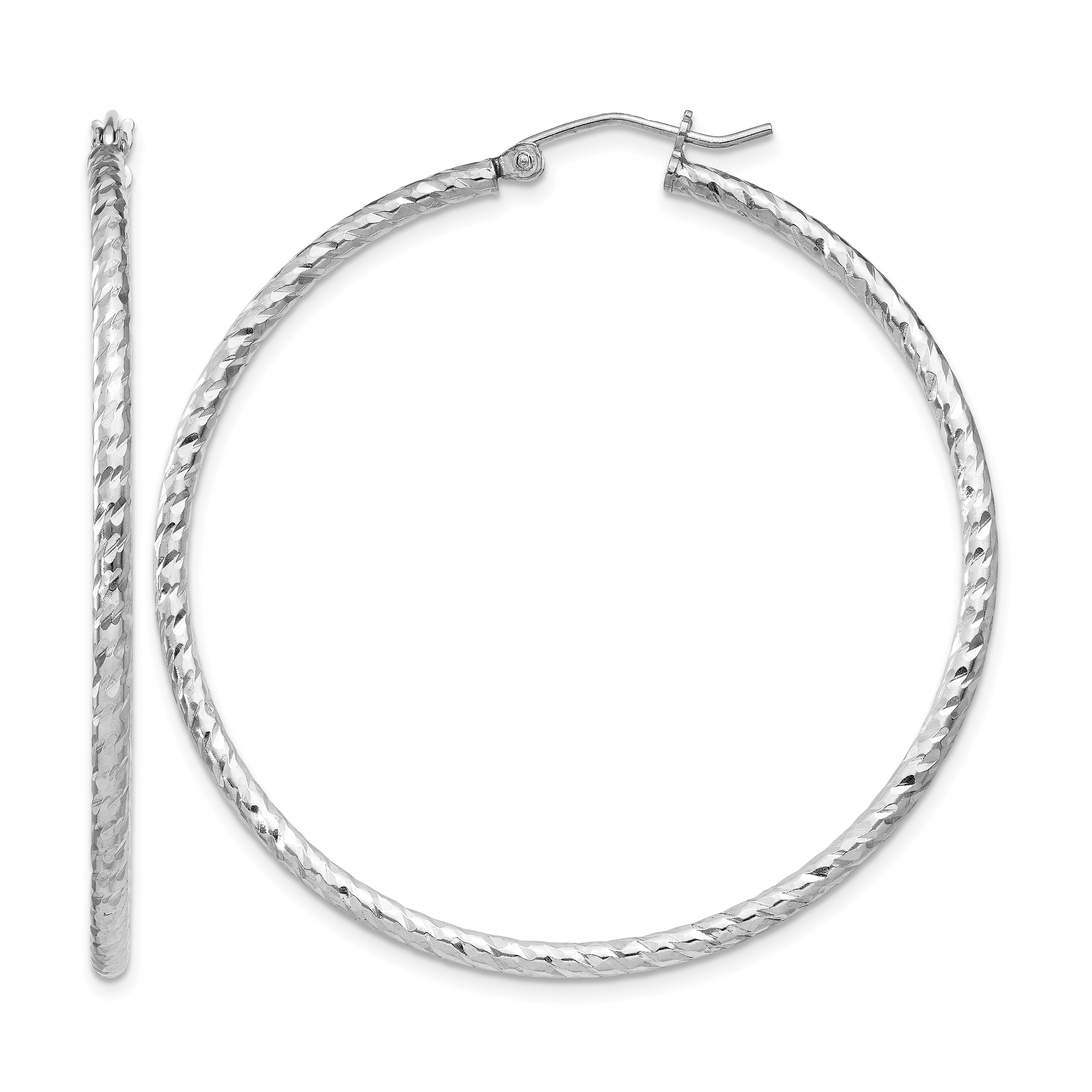 Sterling Silver Rhodium Plated Diamond-cut 2x50mm Hoop Earrings (QE8081)