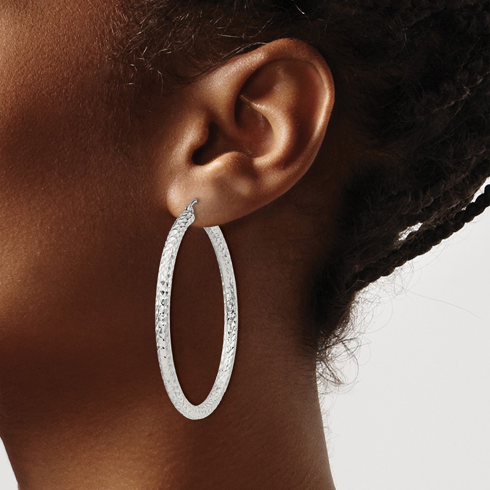 Sterling Silver D/C 3x45mm Hoop Earrings (QE8091SP)