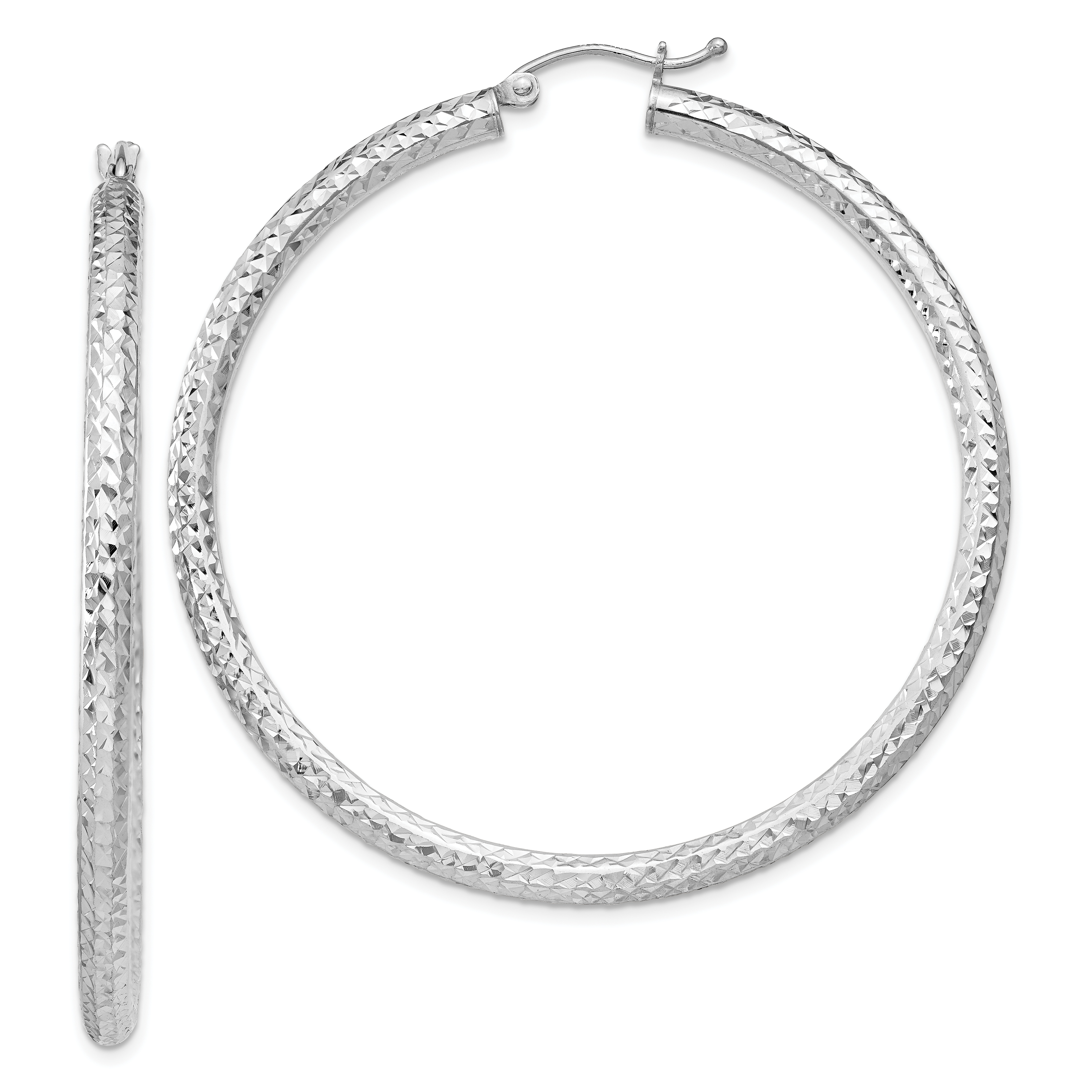 Sterling Silver Rhodium-plated D/C 3x50mm Hoop Earrings (QE8092)