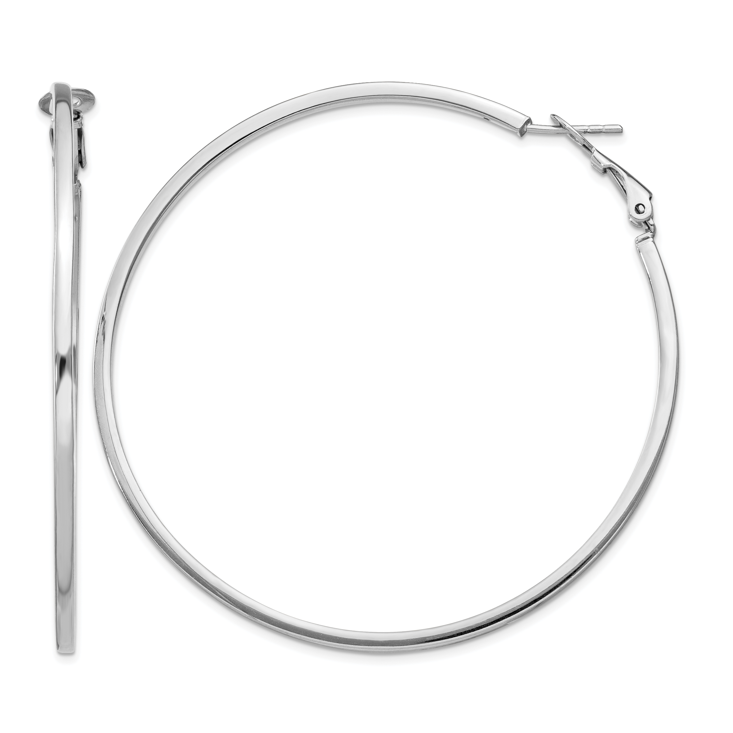 Sterling Silver RH-plated 2x60mm Omega Back Round Hoop Earrings (QE8109)