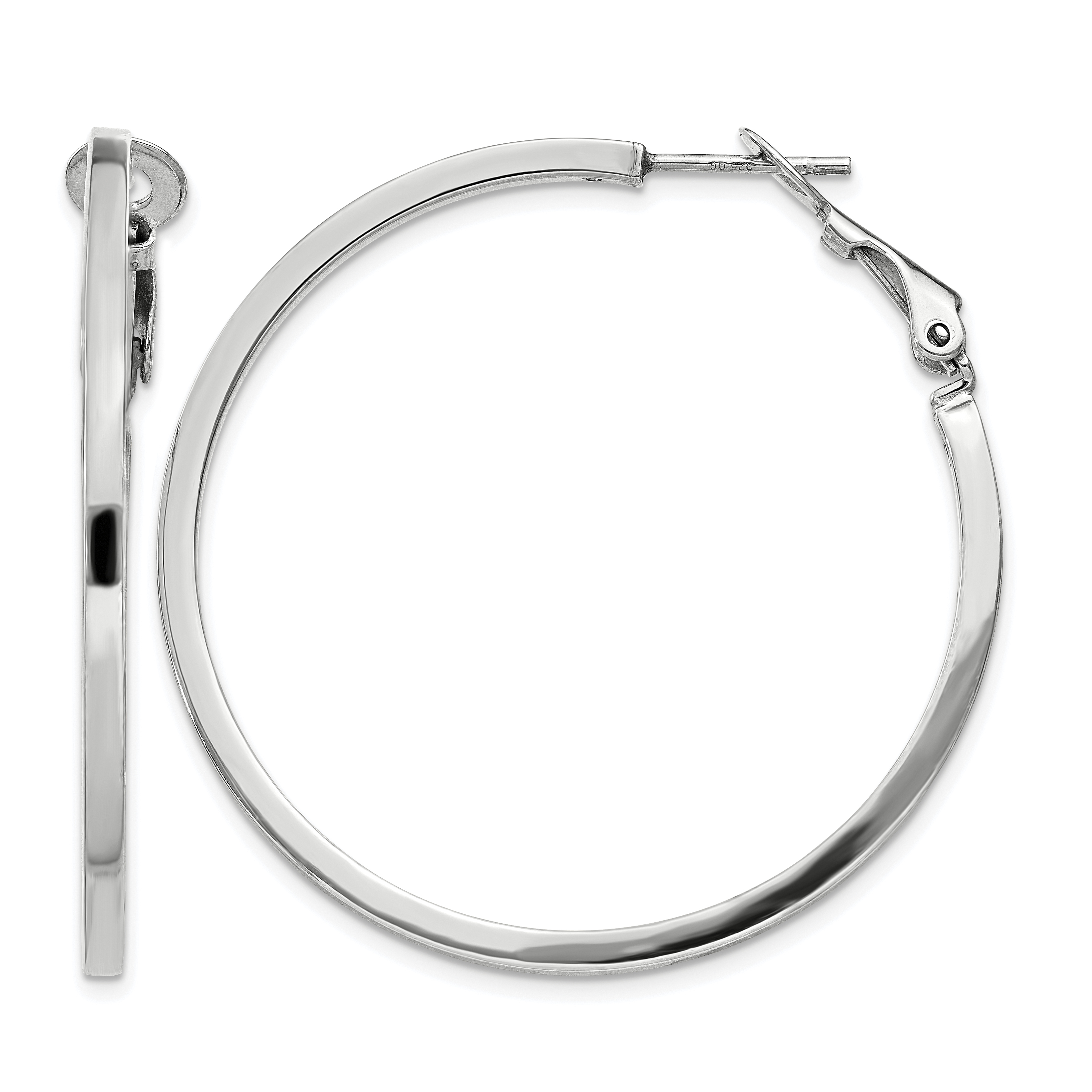 Sterling Silver RH-plated 2x40mm Omega Back Round Hoop Earrings (QE8111)
