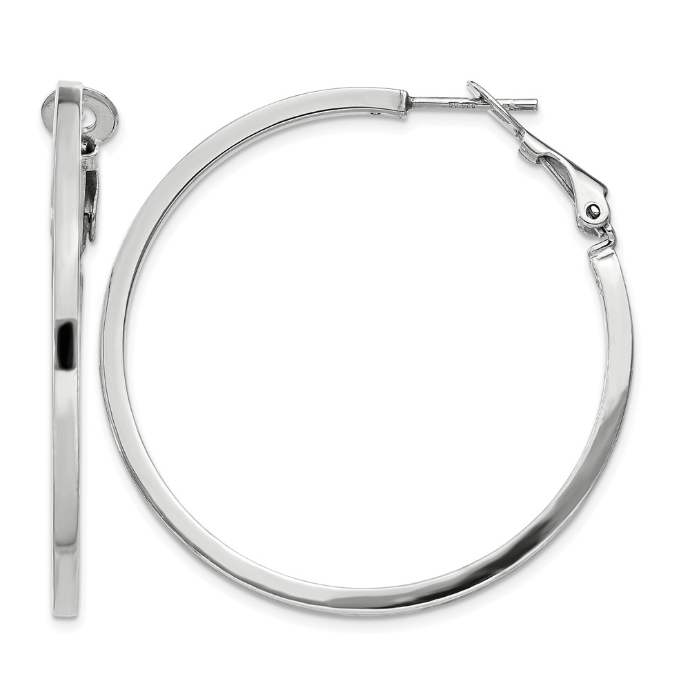 Sterling Silver RH-plated 2x40mm Omega Back Round Hoop Earrings