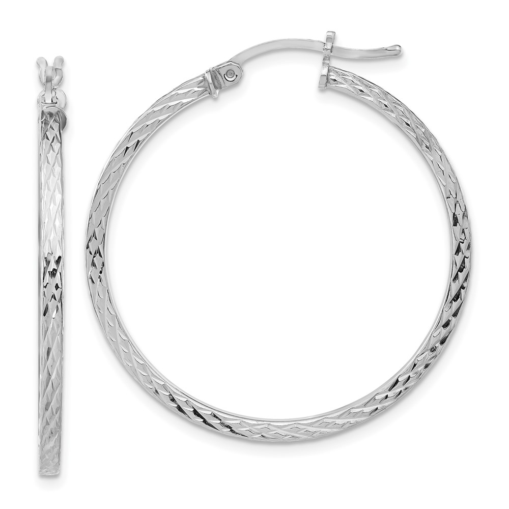 Sterling Silver Rhodium-plated Diamond-cut 2x35mm Square Tube Hoop Earrings (QE8115)
