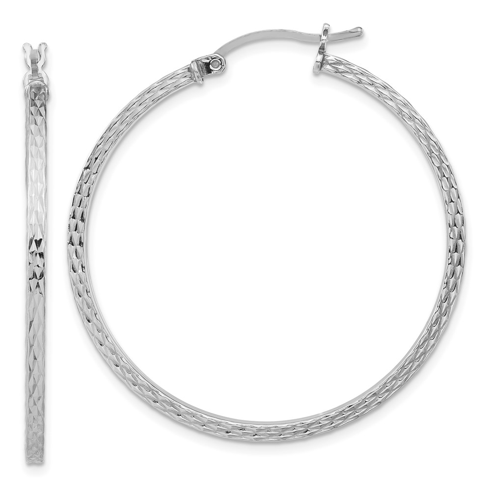 Sterling Silver Rhodium-plated Diamond-cut 2x40mm Square Tube Hoop Earrings (QE8116)