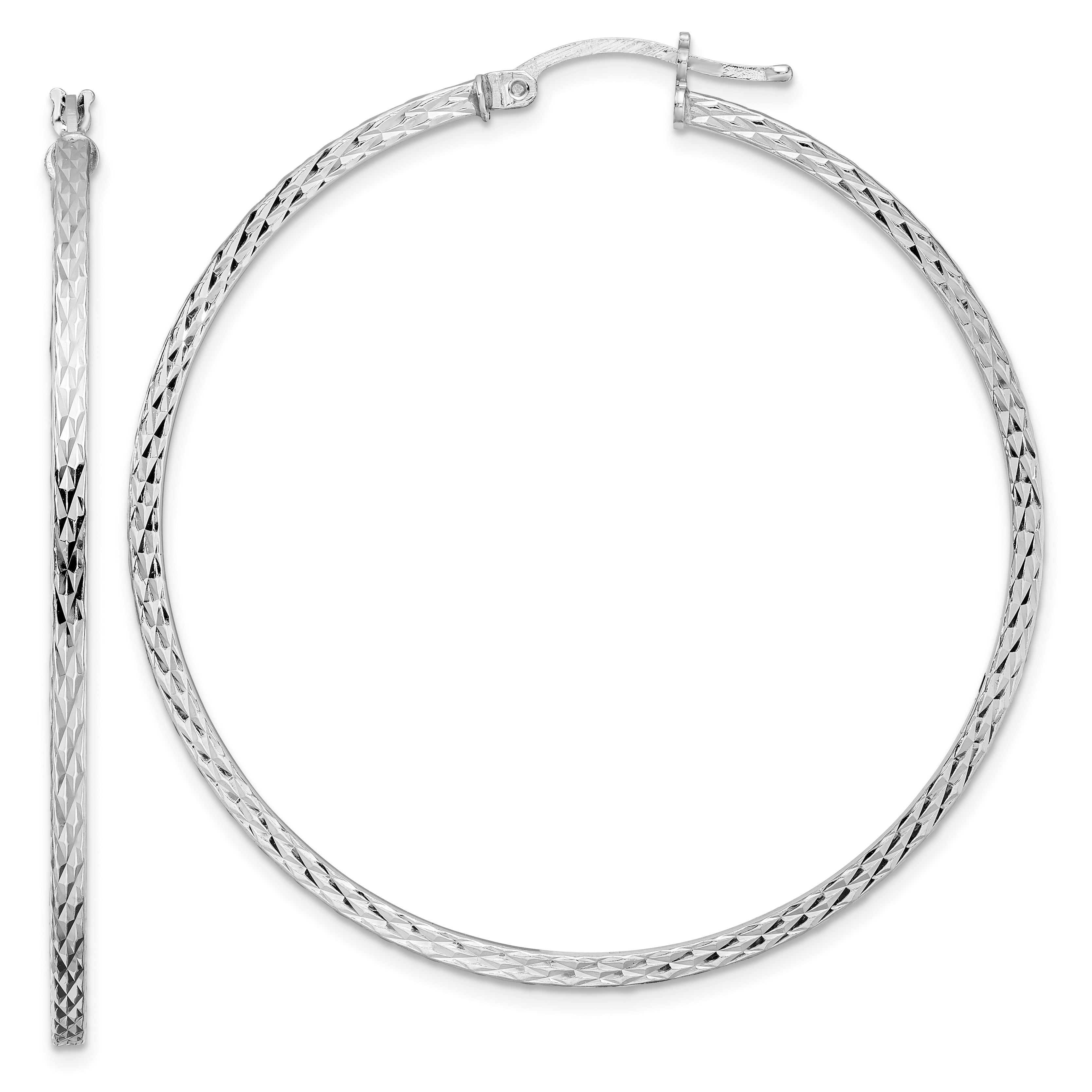 Sterling Silver Rhodium-plated Diamond-cut 2x50mm Square Tube Hoop Earrings (QE8120)