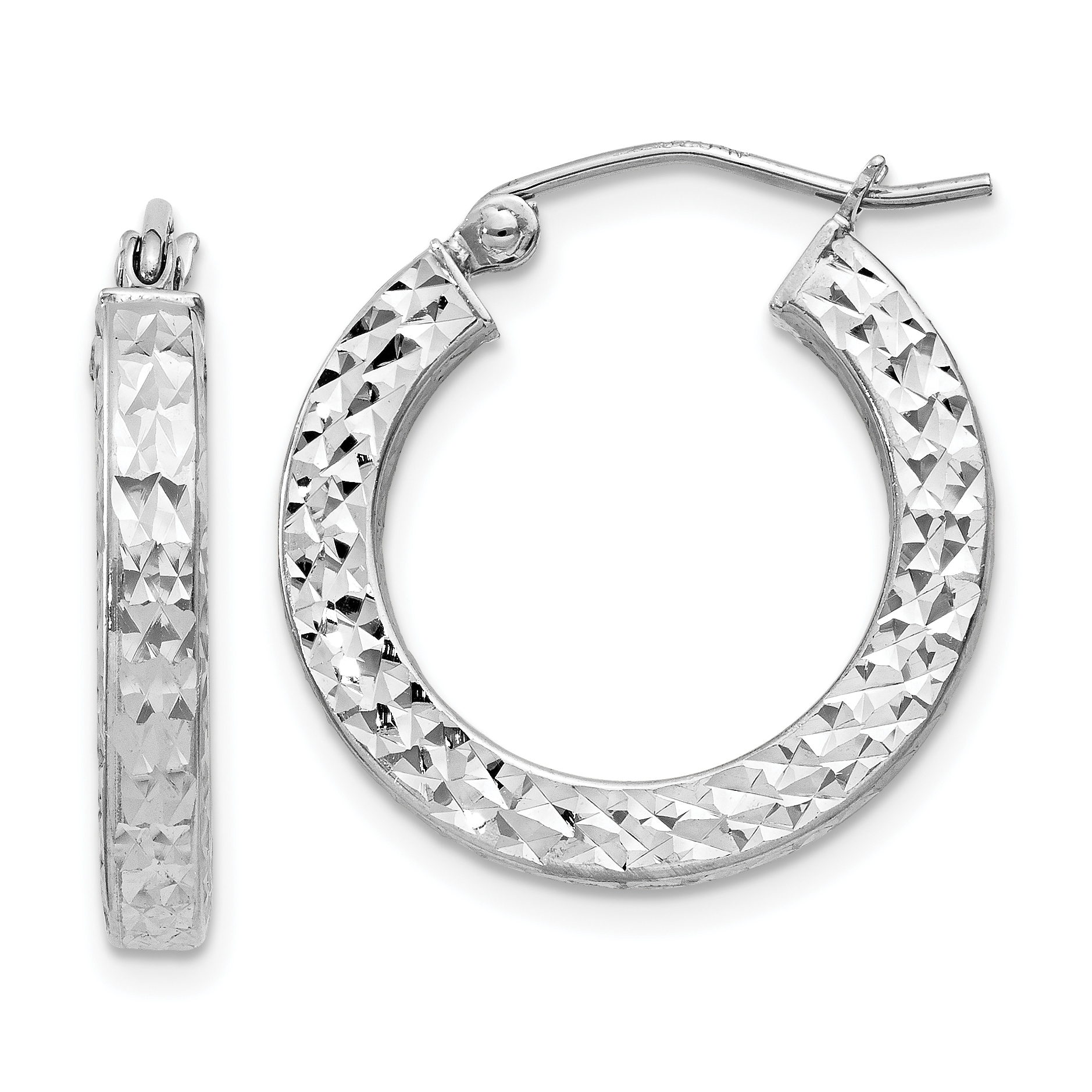 Sterling Silver Rhodium-plated Diamond-cut 3x20mm Square Tube Hoop Earrings (QE8133)
