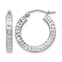 Sterling Silver Rhodium-plated Diamond-cut 3x 20mm Square Tube Hoop Earrings view 1