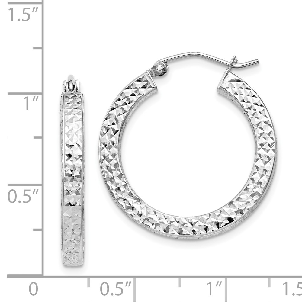 Sterling Silver Rhodium-plated Diamond-cut 3x25mm Square Tube Hoop Earrings (QE8134)