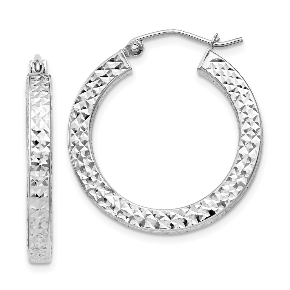 Sterling Silver Rhodium-plated Diamond-cut 3x25mm Square Tube Hoop Earrings (QE8134)