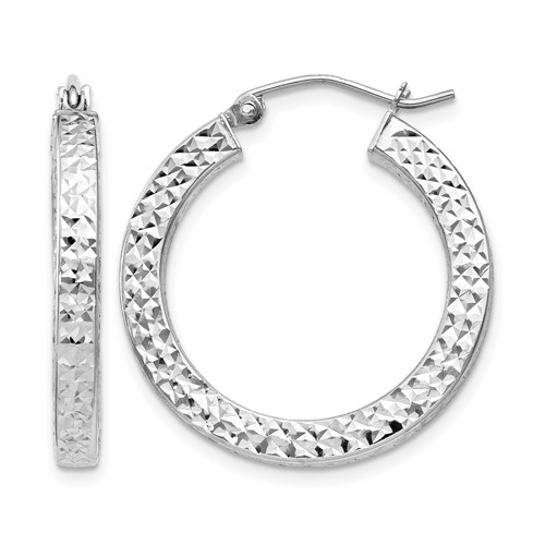 Sterling Silver Rhodium-plated Diamond-cut 3x 25mm Square Tube Hoop Earrings