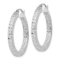 Sterling Silver Rhodium-plated Diamond-cut 3x 30mm Square Tube Hoop Earrings view 2