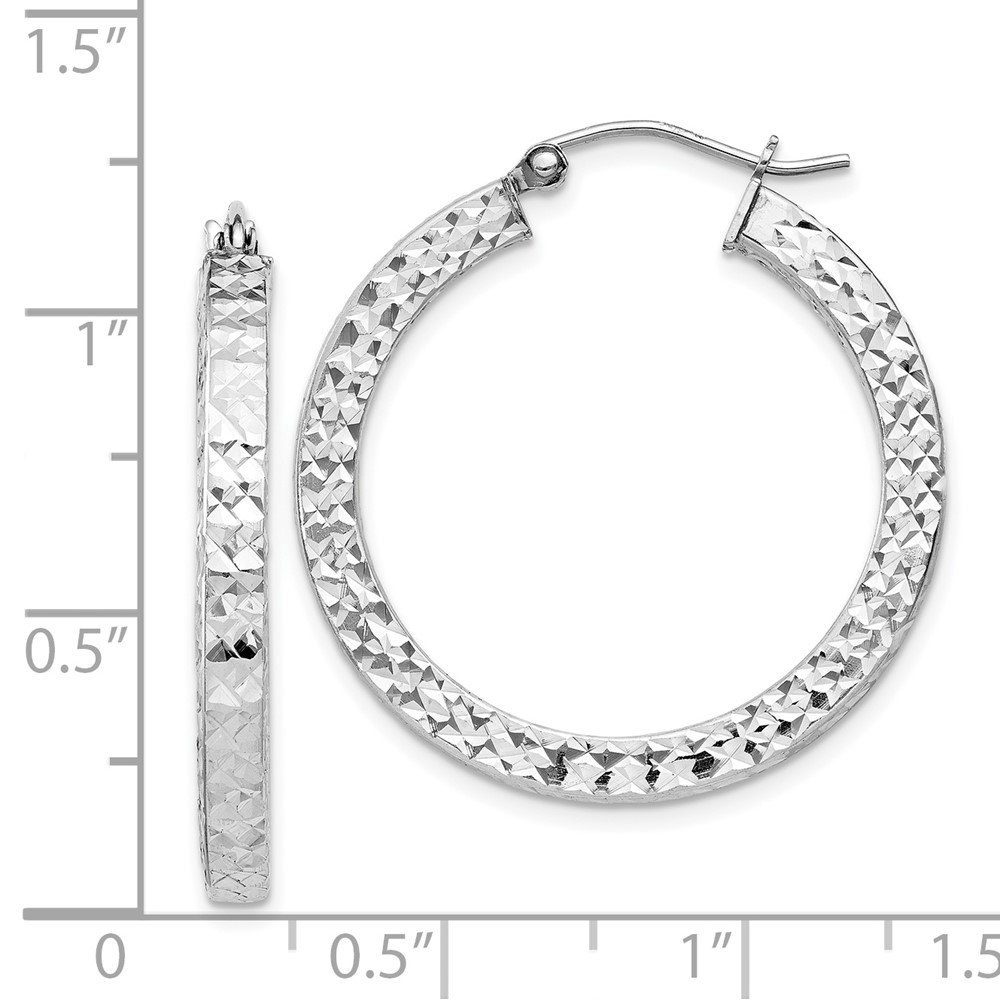 Sterling Silver Rhodium-plated Diamond-cut 3x30mm Square Tube Hoop Earrings (QE8135)