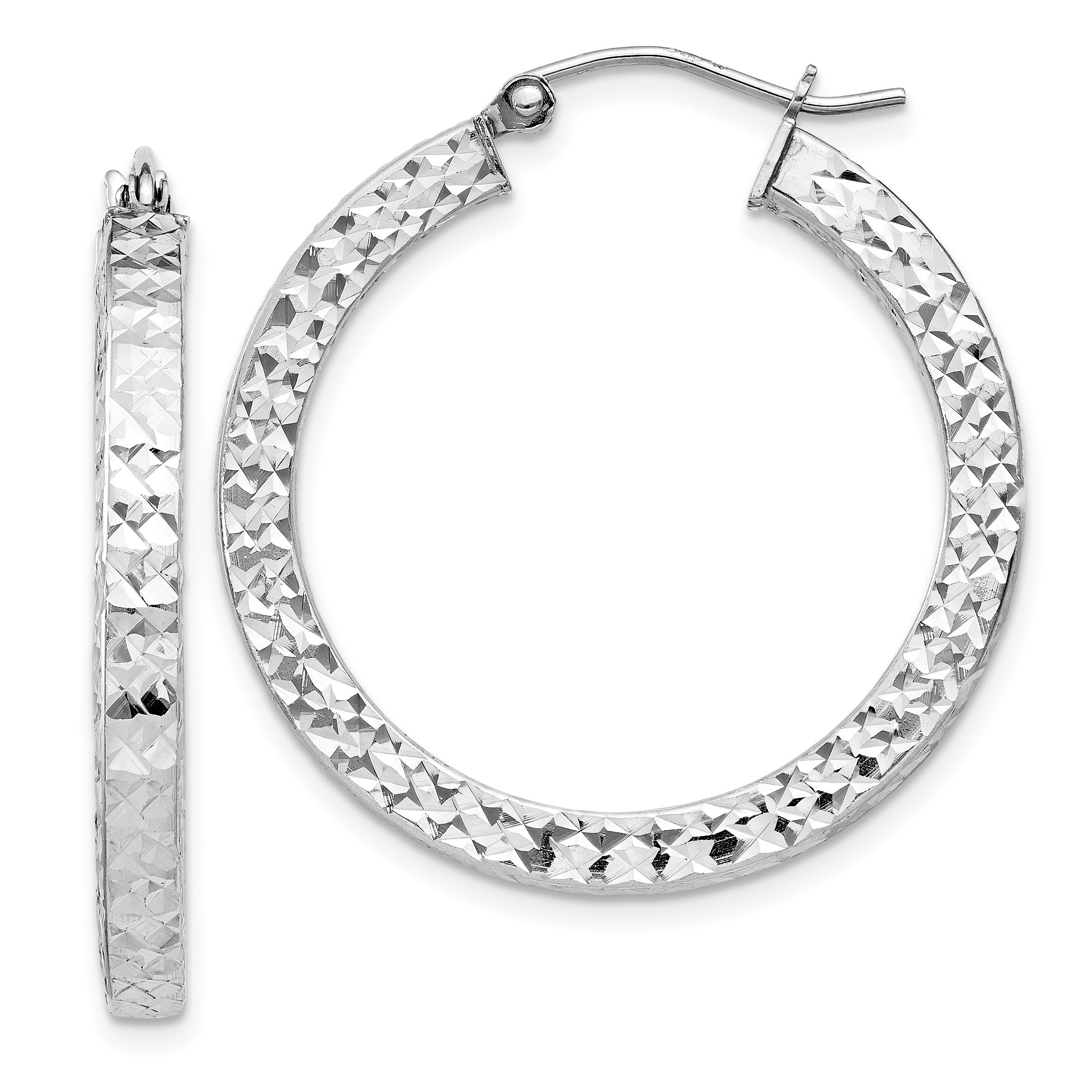 Sterling Silver Rhodium-plated Diamond-cut 3x30mm Square Tube Hoop Earrings (QE8135)