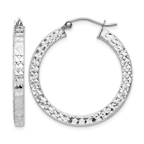 Sterling Silver Rhodium-plated Diamond-cut 3x 30mm Square Tube Hoop Earrings
