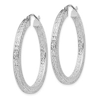 Sterling Silver Rhodium-plated Diamond-cut 3x 35mm Square Tube Hoop Earrings view 2