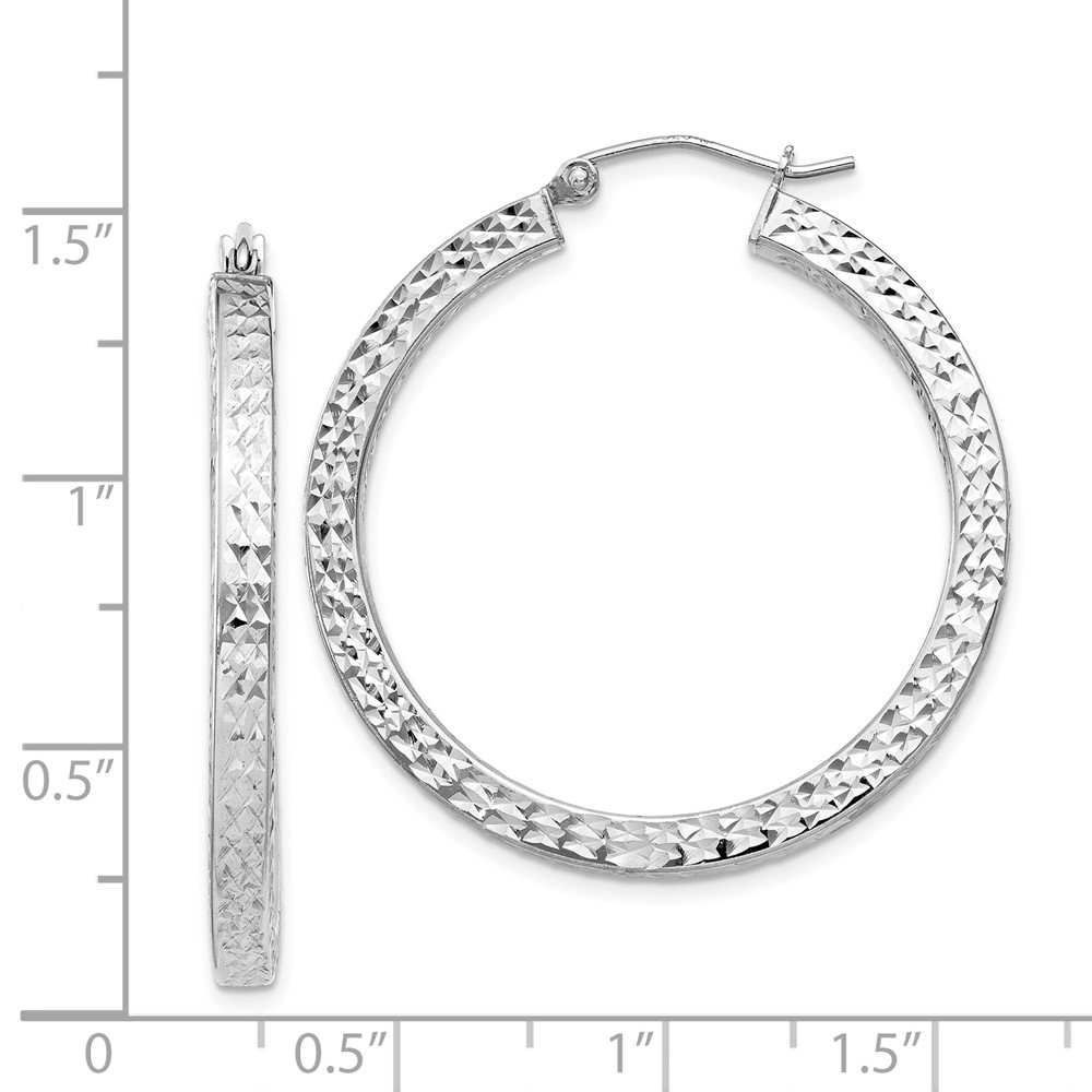 Sterling Silver Rhodium-plated Diamond-cut 3x35mm Square Tube Hoop Earrings (QE8136)