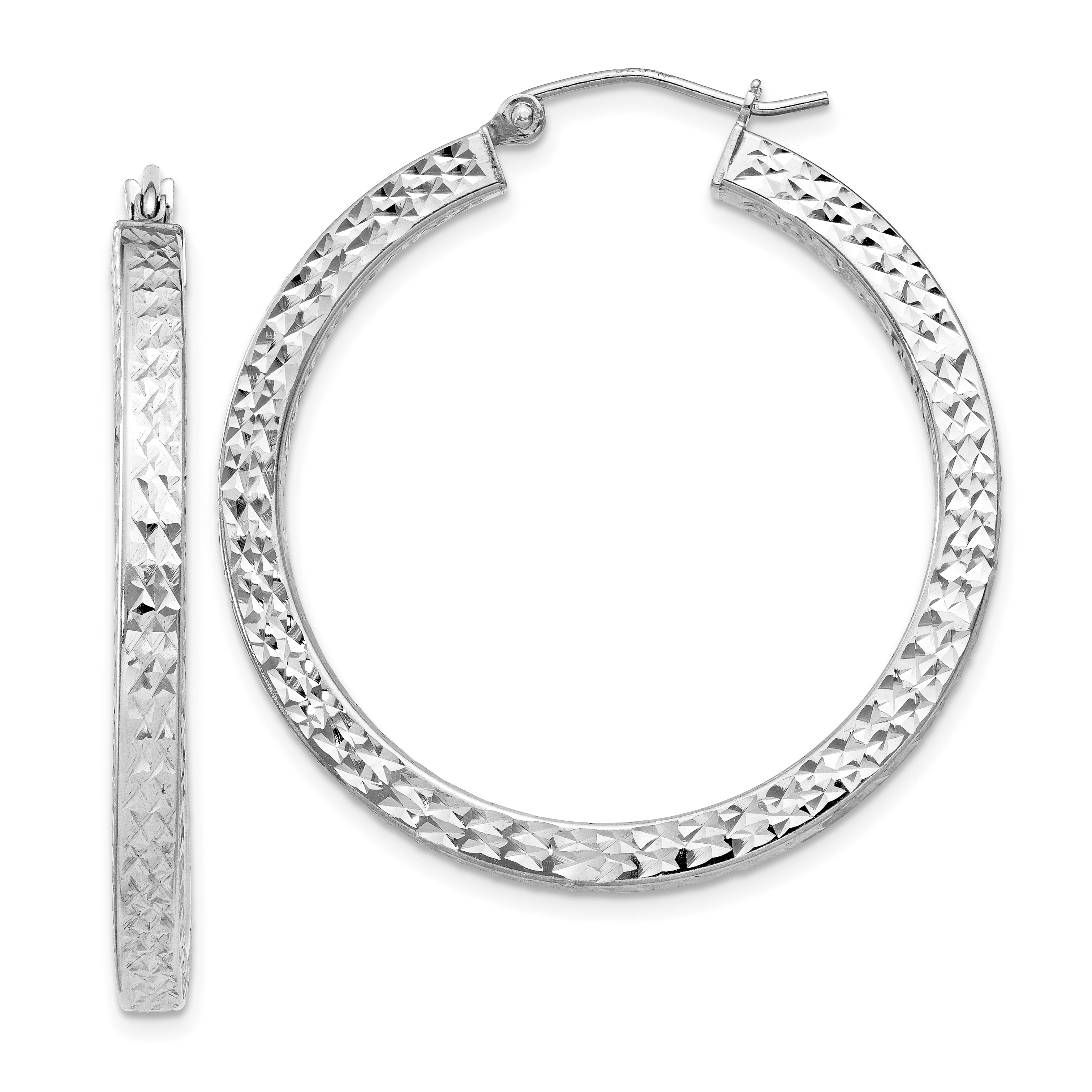 Sterling Silver Rhodium-plated Diamond-cut 3x35mm Square Tube Hoop Earrings (QE8136)
