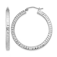 Sterling Silver Rhodium-plated Diamond-cut 3x 35mm Square Tube Hoop Earrings view 1