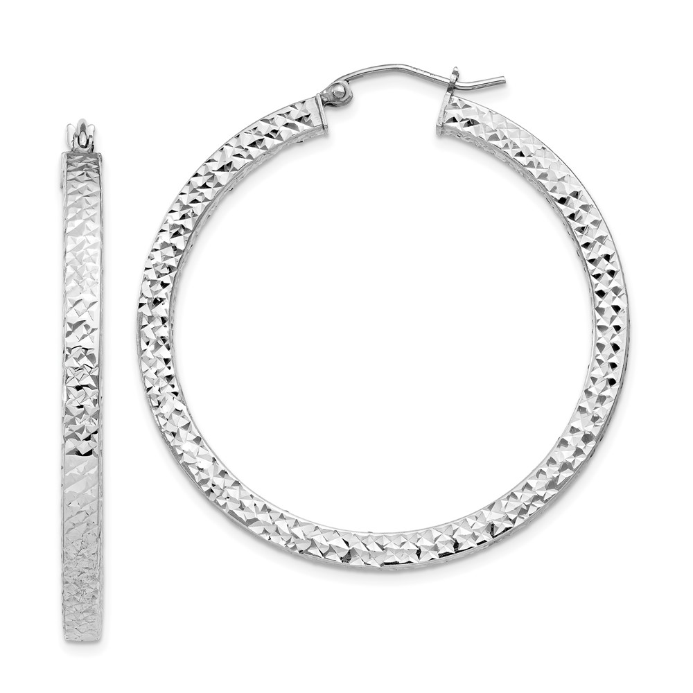 Sterling Silver Rhodium-plated Diamond-cut 3x40mm Square Tube Hoop Earrings (QE8137)