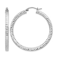 Sterling Silver Rhodium-plated Diamond-cut 3x 40mm Square Tube Hoop Earrings view 1