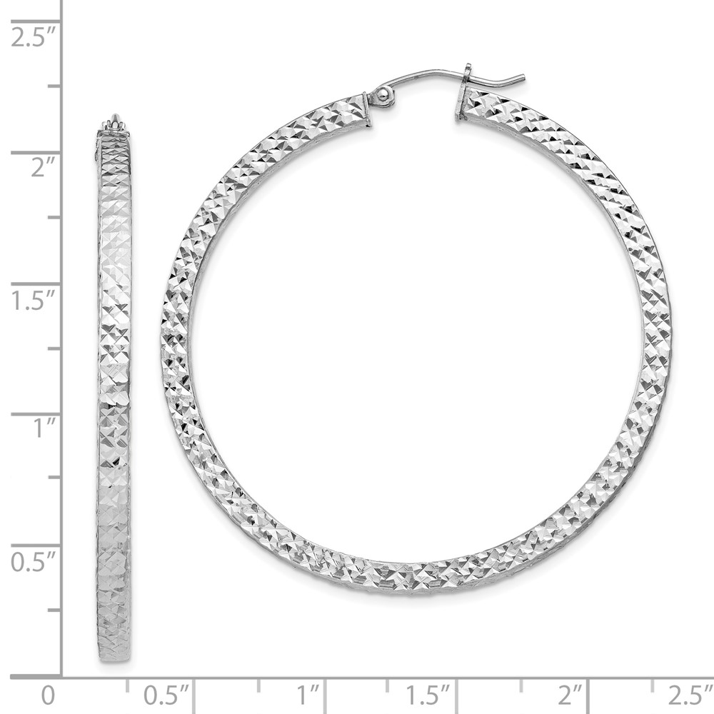 Sterling Silver Rhodium-plated Diamond-cut 3x50mm Square Tube Hoop Earrings (QE8139)