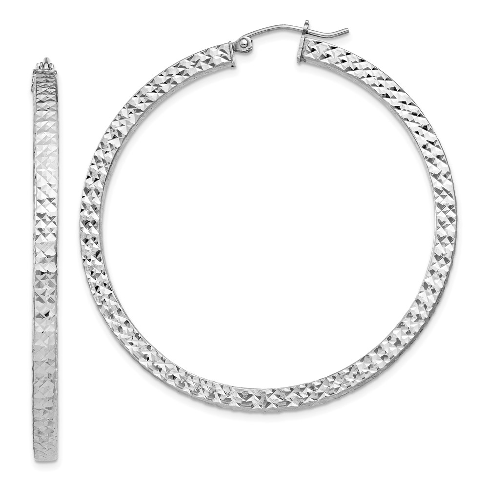 Sterling Silver Rhodium-plated Diamond-cut 3x50mm Square Tube Hoop Earrings (QE8139)