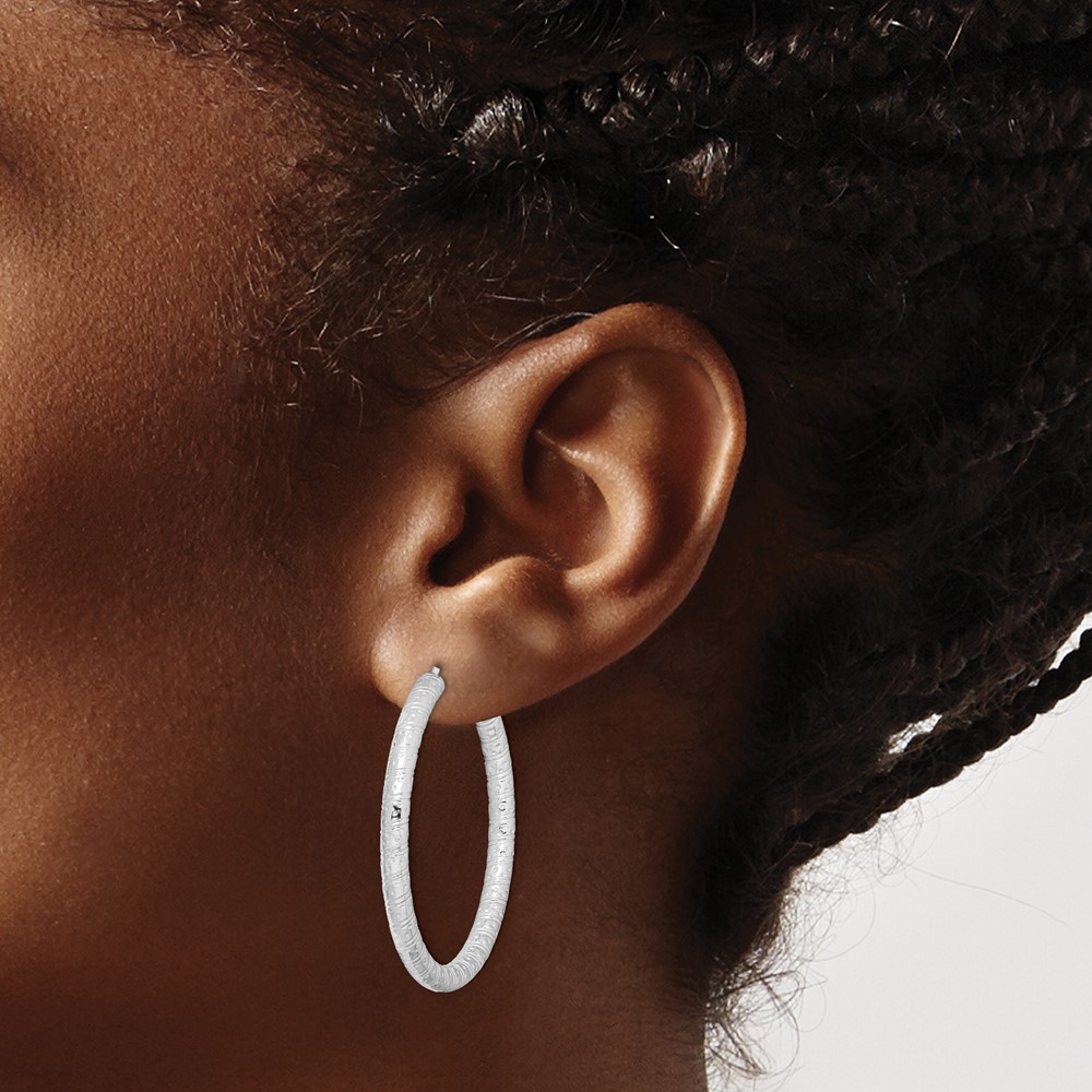 Sterling Silver Rhod-plated 3.25x40mm Omega Back Hoop Earrings (QE8223)