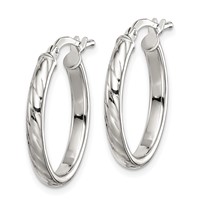 Sterling Silver Rhod-plated Textured 3mm Hollow Oval Hoop Earrings view 2