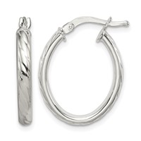 Sterling Silver Rhod-plated Textured 3mm Hollow Oval Hoop Earrings view 1