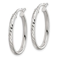 Sterling Silver Rhod-plated Textured 3mm Hollow Oval Hoop Earrings view 2