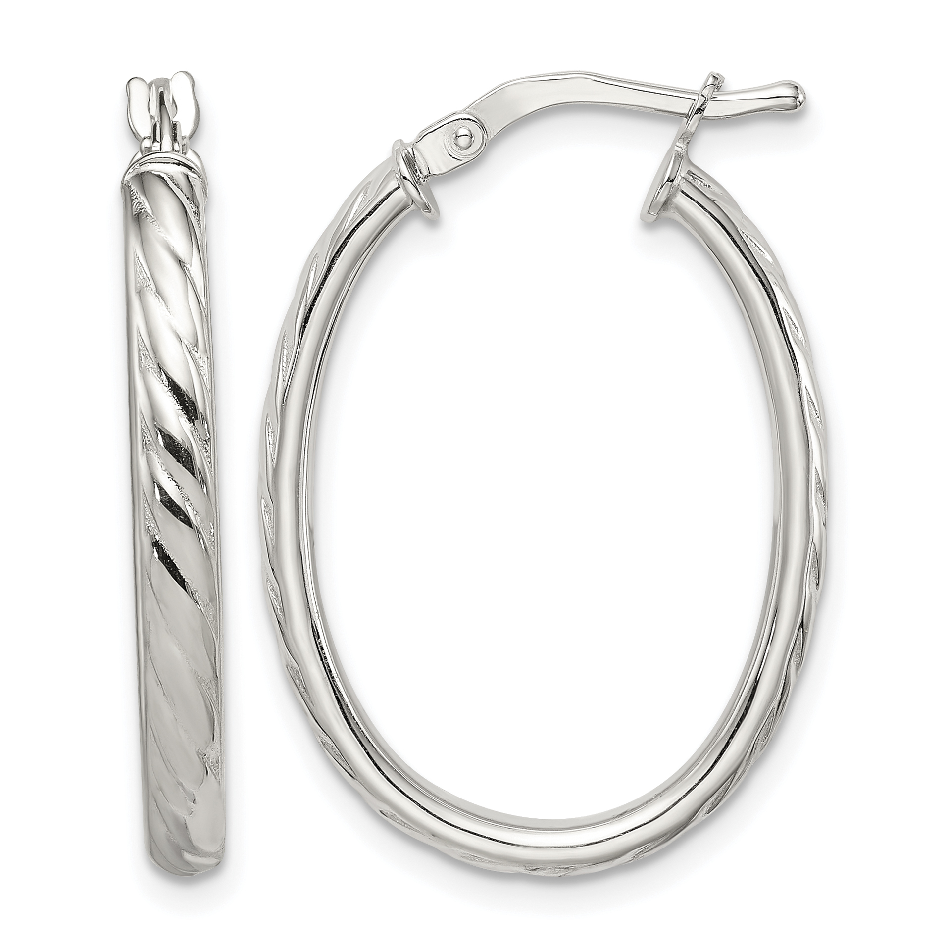 Sterling Silver Rhod-plated Textured 3mm Hollow Oval Hoop Earrings (QE8258)