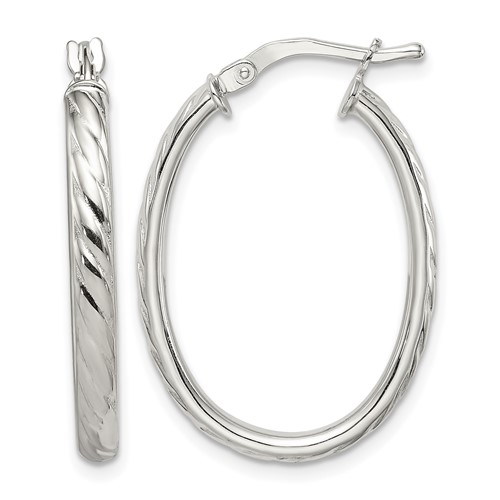 Sterling Silver Rhod-plated Textured 3mm Hollow Oval Hoop Earrings