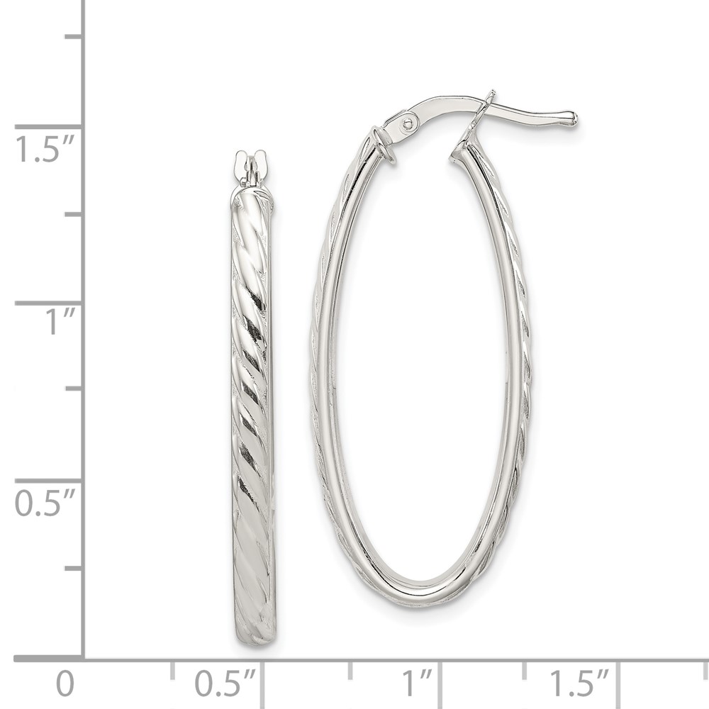 Sterling Silver Rhod-plated Textured 3mm Hollow Oval Hoop Earrings (QE8259)