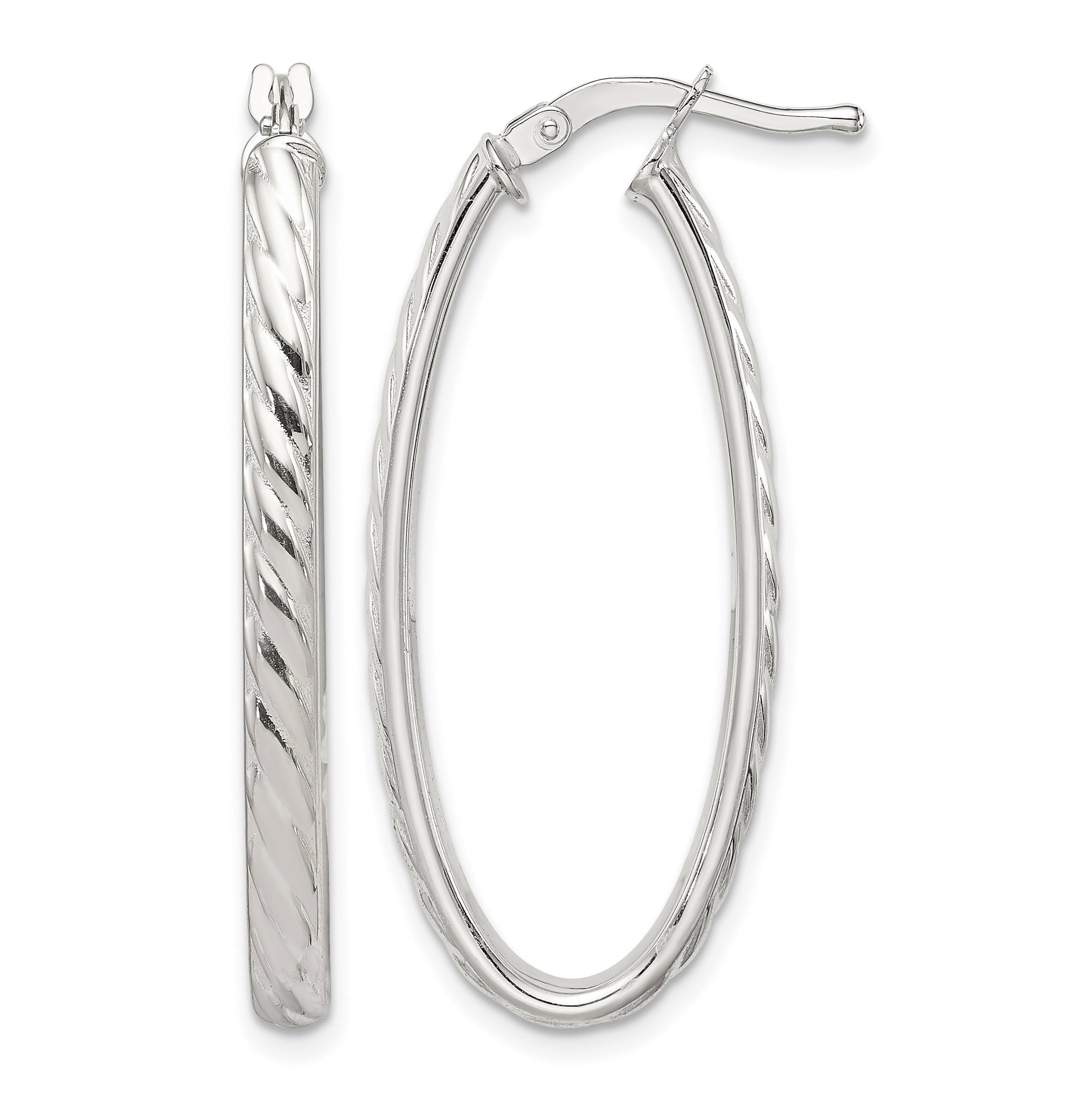 Sterling Silver Rhod-plated Textured 3mm Hollow Oval Hoop Earrings (QE8259)