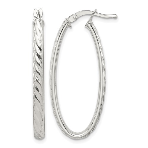 Sterling Silver Rhod-plated Textured 3mm Hollow Oval Hoop Earrings